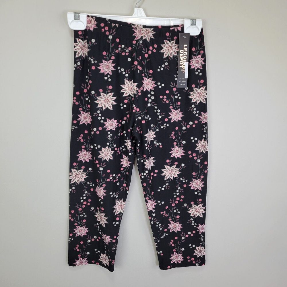 Leggings Depot Pink And‎ Black Floral Capri Leggings One Size Fits All